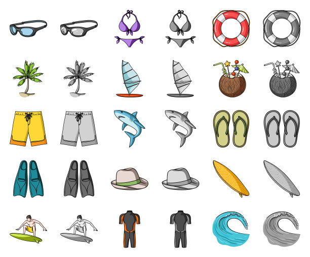 冲浪和极端卡通单色图标设置图片下载