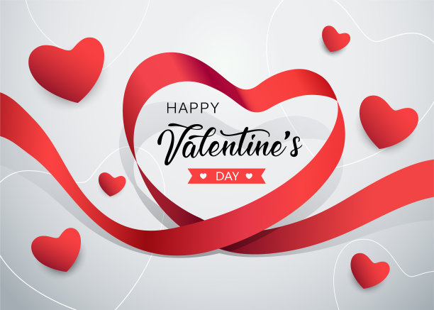 情人节快乐，红丝带心形横幅图片下载