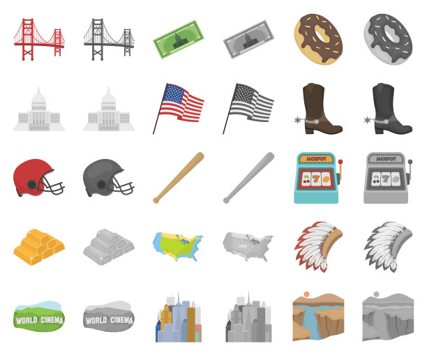 美国国家卡通单色图标设置图片下载