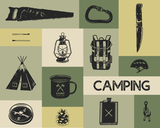 露营图标设置在剪影复古风格图片下载