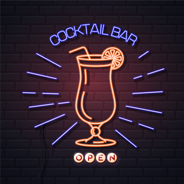 砖墙背景上的霓虹招牌鸡尾酒吧图片下载