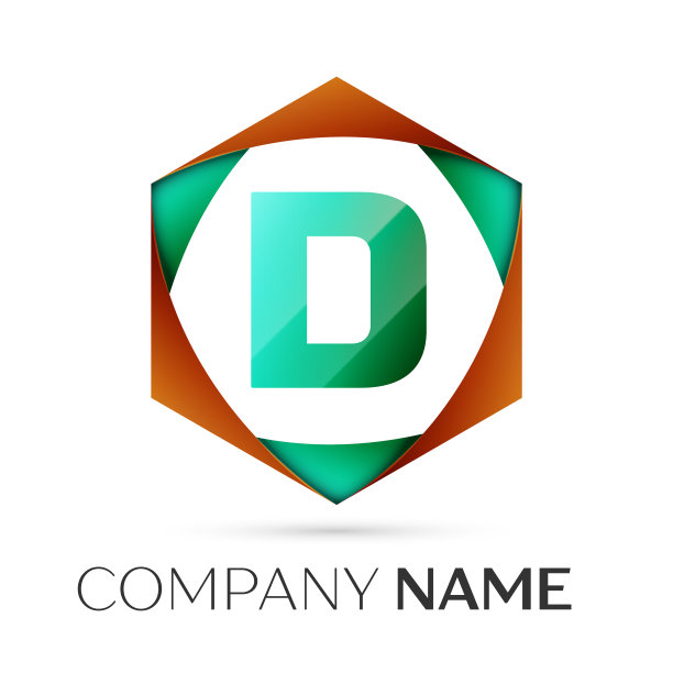 彩色六角形中的字母d符号图片下载