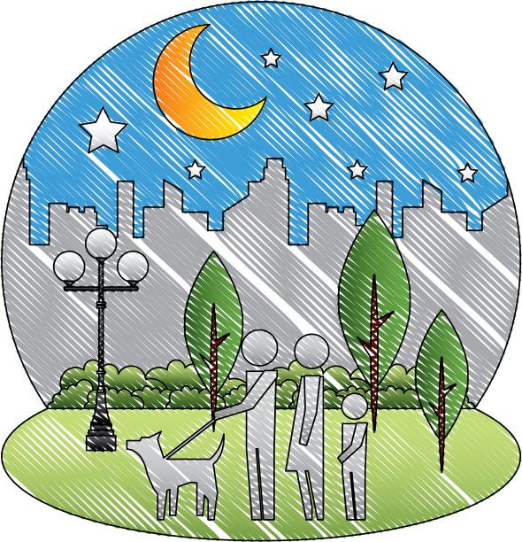 一家人在夜市公园遛狗图片下载