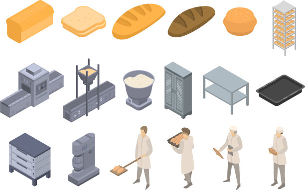 面包店工厂图标设置等距风格图片下载