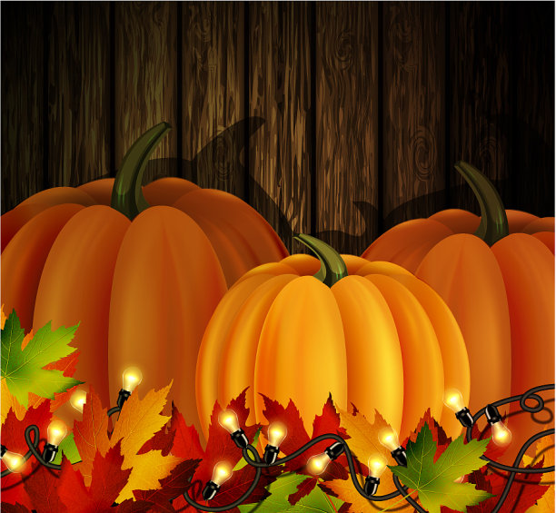 秋天的叶子和南瓜上的木质纹理图片下载