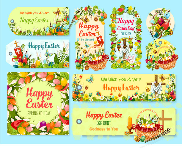 复活节节日标志标签和问候海报集图片下载