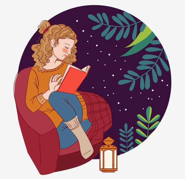 可爱的年轻女子盖着毯子坐在扶手椅上看书图片下载