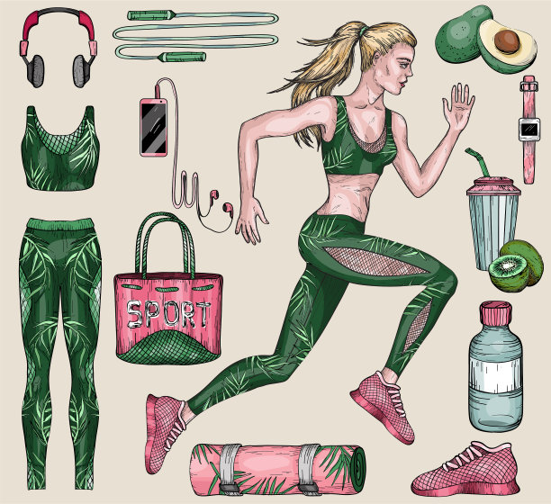 跑步女人和运动器材组图片下载