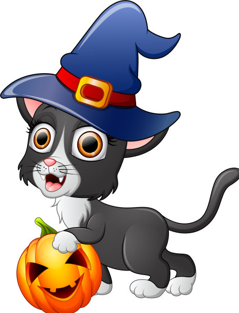 卡通猫戴着女巫帽，拿着南瓜图片下载
