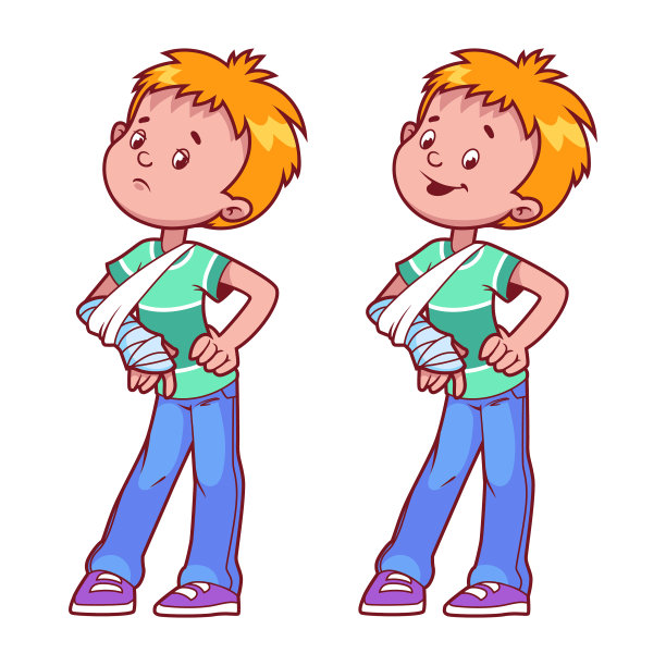 快乐又悲伤的男孩，手臂骨折，打着石膏图片下载