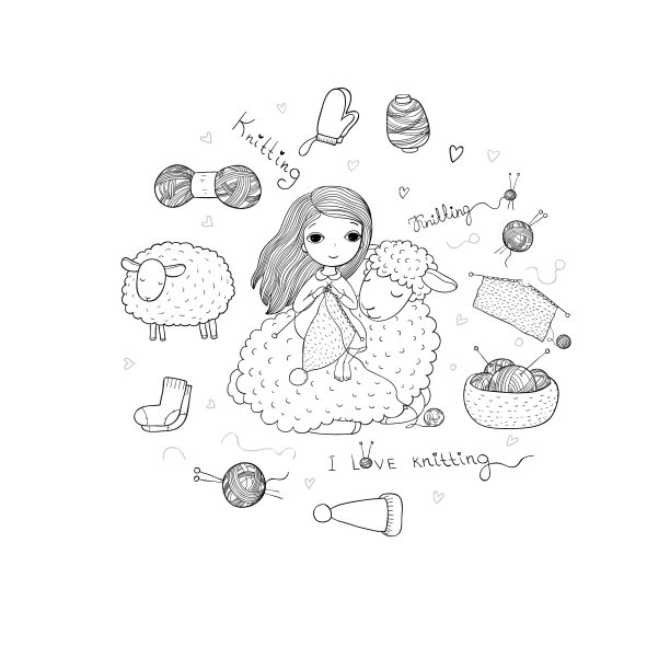 编织女孩和一只可爱的卡通绵羊图片下载