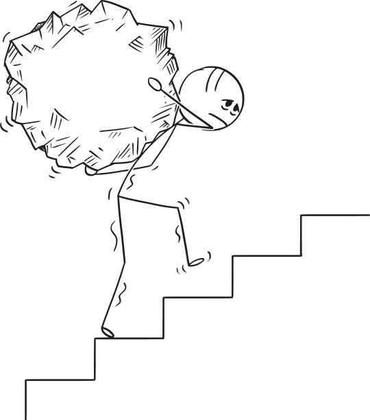 一个男人扛着一块大石头上楼的漫画图片下载