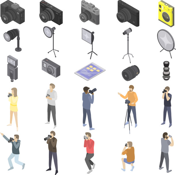 摄影师设备图标设置等距样式图片下载
