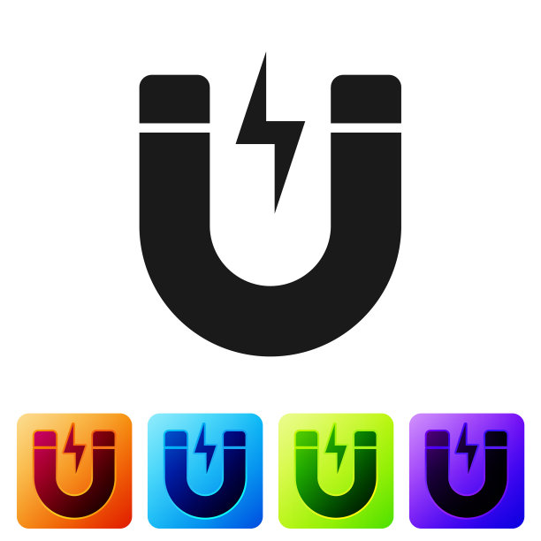 黑色磁铁与闪电图标隔离在白色图片下载