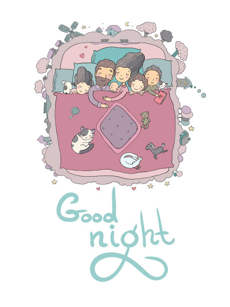 一家人都睡在卡通爸爸妈妈的床上图片下载