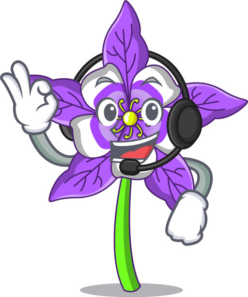 带有耳机的耧斗菜花卡通吉祥物图片下载