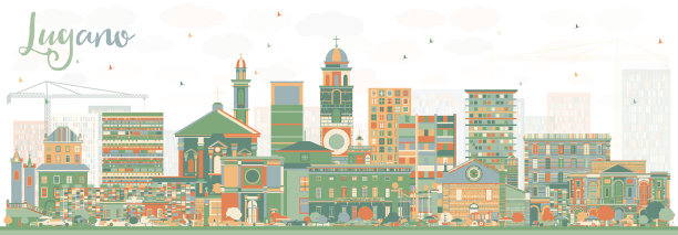 卢加诺瑞士的天际线与彩色建筑图片下载