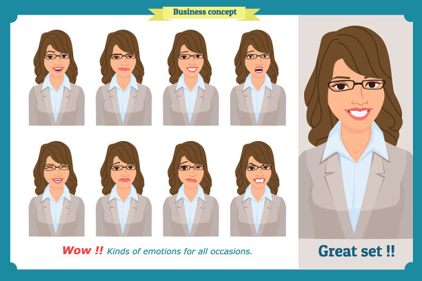 一套女人表情孤立的女商人图片下载