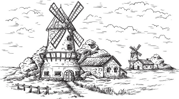 村子附近有一片麦田和一架风车图片下载