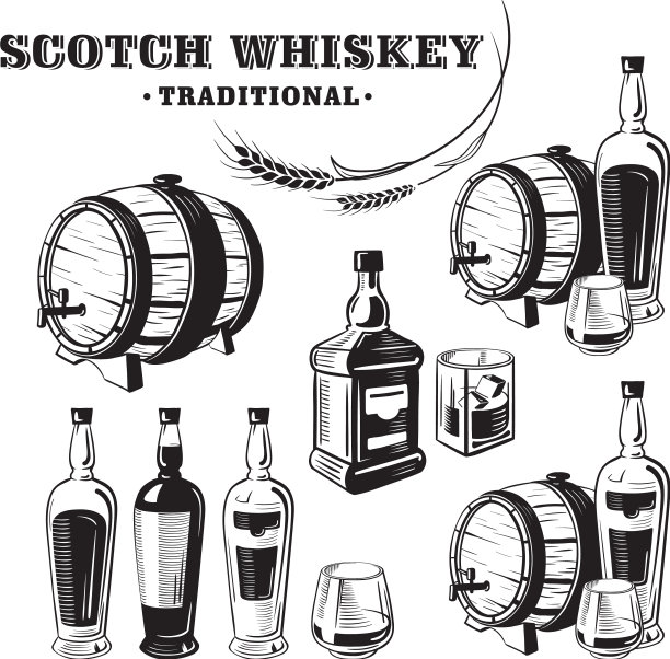 威士忌酒瓶，玻璃杯和酒桶图片下载