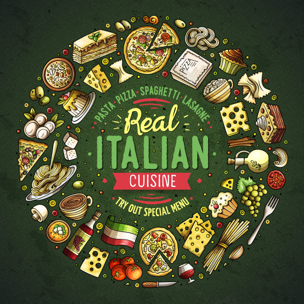 一套意大利食物卡通涂鸦对象图片下载