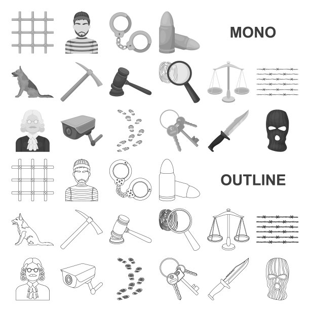 监狱和罪犯单色图标设置图片下载