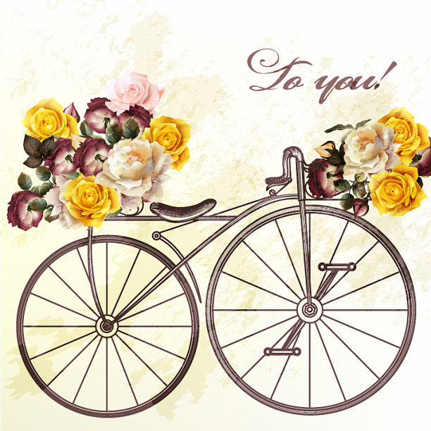 可爱的邀请，假自行车和鲜花图片下载