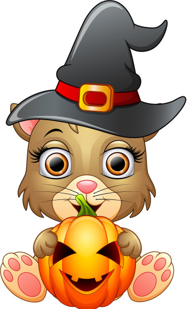 卡通猫戴着女巫帽，拿着南瓜图片下载