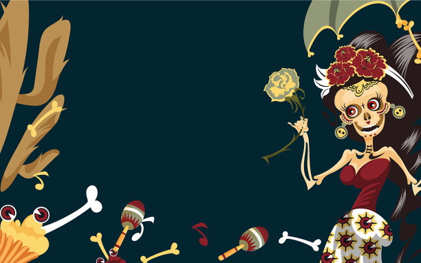 穿着神秘服装，带着雨伞的女人骷髅图片下载