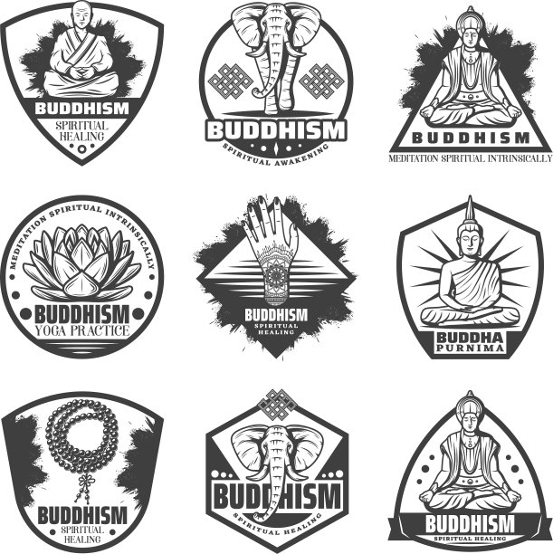 复古单色佛教标签集图片下载