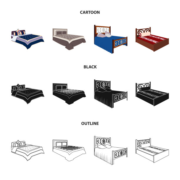 不同的床卡通黑色轮廓图标设置图片下载