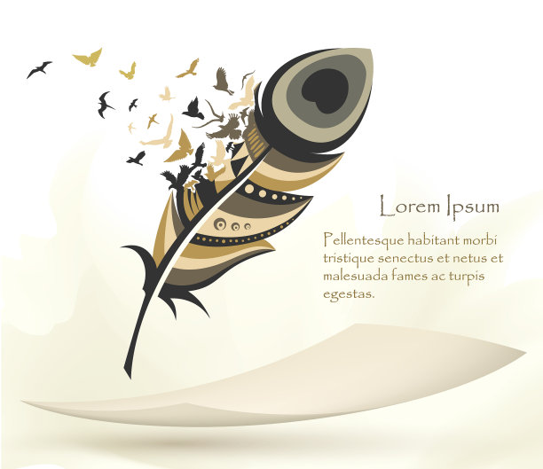 写字的笔上有五彩的羽毛和飞翔的小鸟图片下载