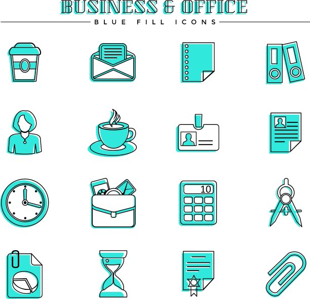 商务和办公室蓝色填充图标集图片下载