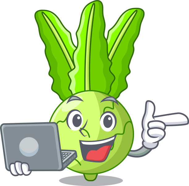 带笔记本电脑的卡通绿色大头菜在市场上出售图片下载