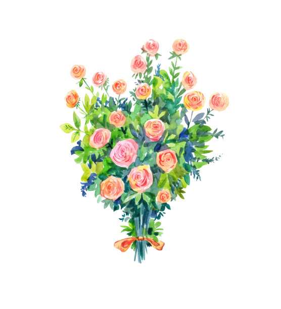 水彩玫瑰花束上的浪漫礼物图片下载