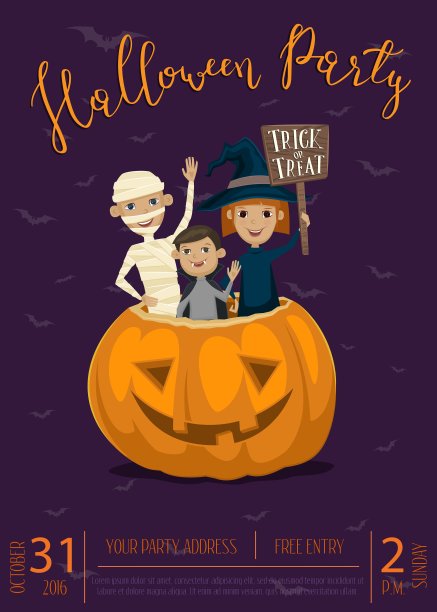 万圣节派对海报设计与孩子图片下载