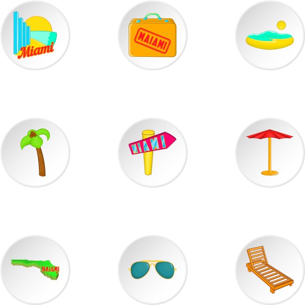 迈阿密图标设置卡通风格图片下载