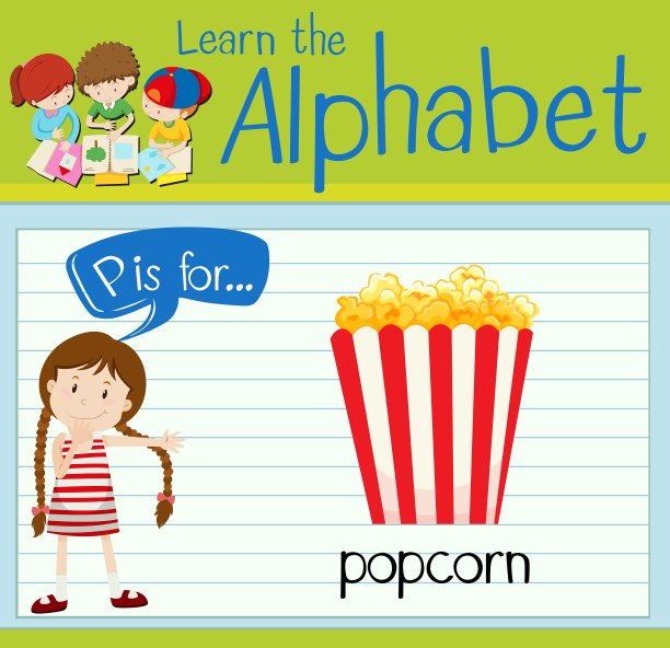 识字卡片上的字母P代表爆米花图片下载