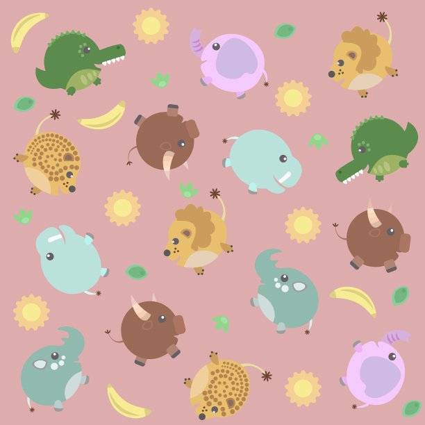 有趣的非洲动物图案，太阳和香蕉图片下载