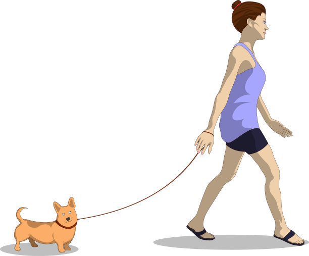 一个穿着家装的女人在遛狗图片下载