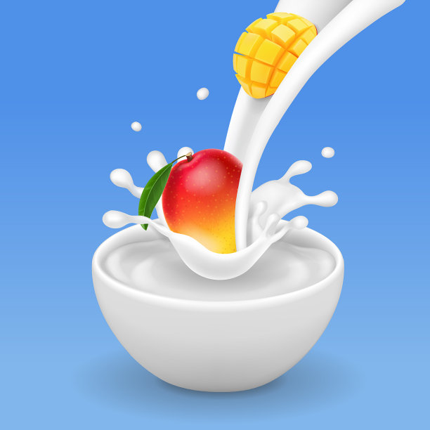 用牛奶或酸奶碗盛芒果图片下载