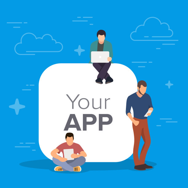 年轻男子站在巨大的移动应用程序标志附近图片下载