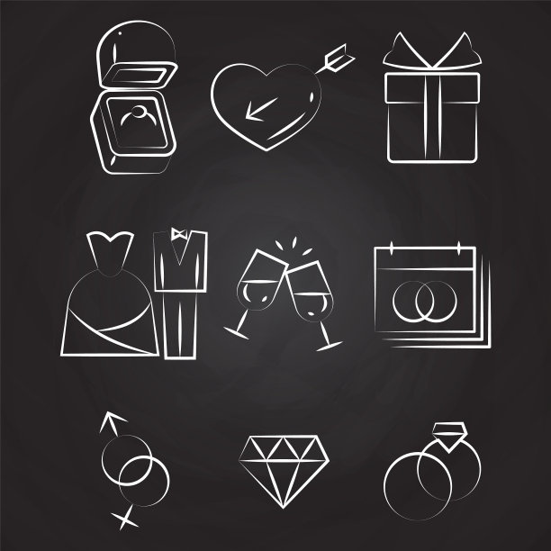 婚礼细线图标在黑板上图片下载