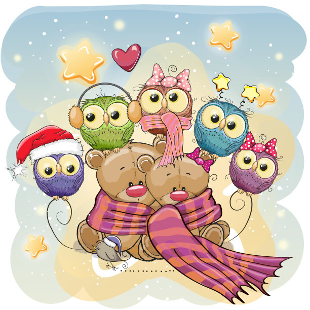 两只可爱的熊和猫头鹰图片下载