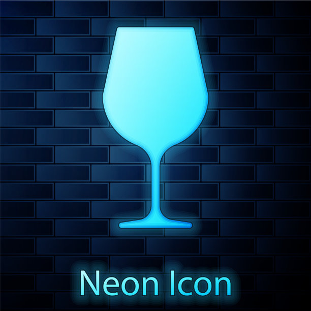 发光的霓虹灯葡萄酒杯图标孤立在砖块上图片下载