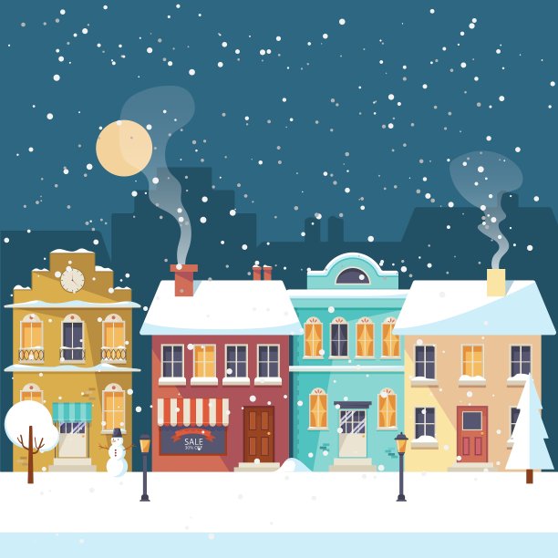 在飘雪的圣诞之夜，在温馨的小镇问候图片下载