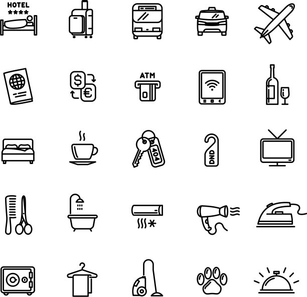 酒店服务相关设置25个轻轮廓图标图片下载