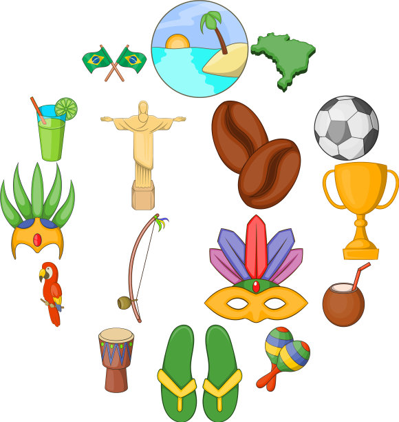 巴西旅游图标设置卡通风格图片下载