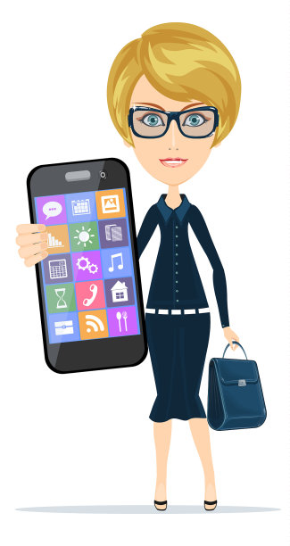 微笑的女人拿着智能手机站在白色地板上图片下载