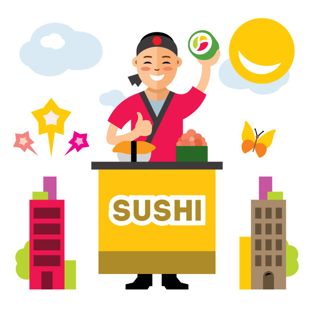 寿司师傅平铺风格彩色卡通图片下载